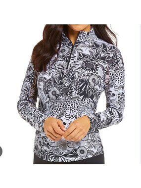 IBKUL Bamboo Garden Shirt Womens Medium Black Floral Long Sleeve Golf UPF 50+